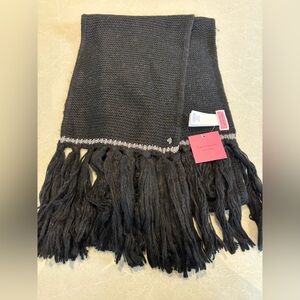 Kate Spade NEW Black Muffler Scarf Acrylic Long Fringe Knit Cozy Metallic Silver